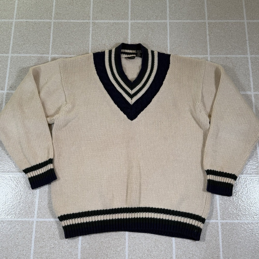 Vintage Structure Varsity Tennis Sweater Men's L Cream Striped Preppy Y2K 90s